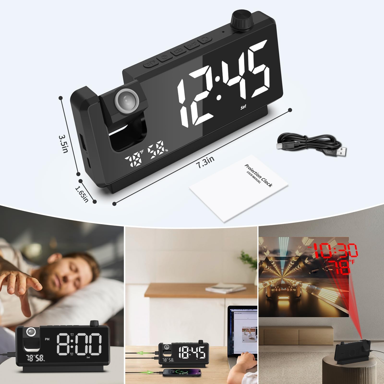 Reloj despertador de proyección para dormitorio, reloj digital de cara de espejo con proyector de 180° en la pared del techo, regulador de intensidad de 3 niveles, puertos de carga USB, alarma dual