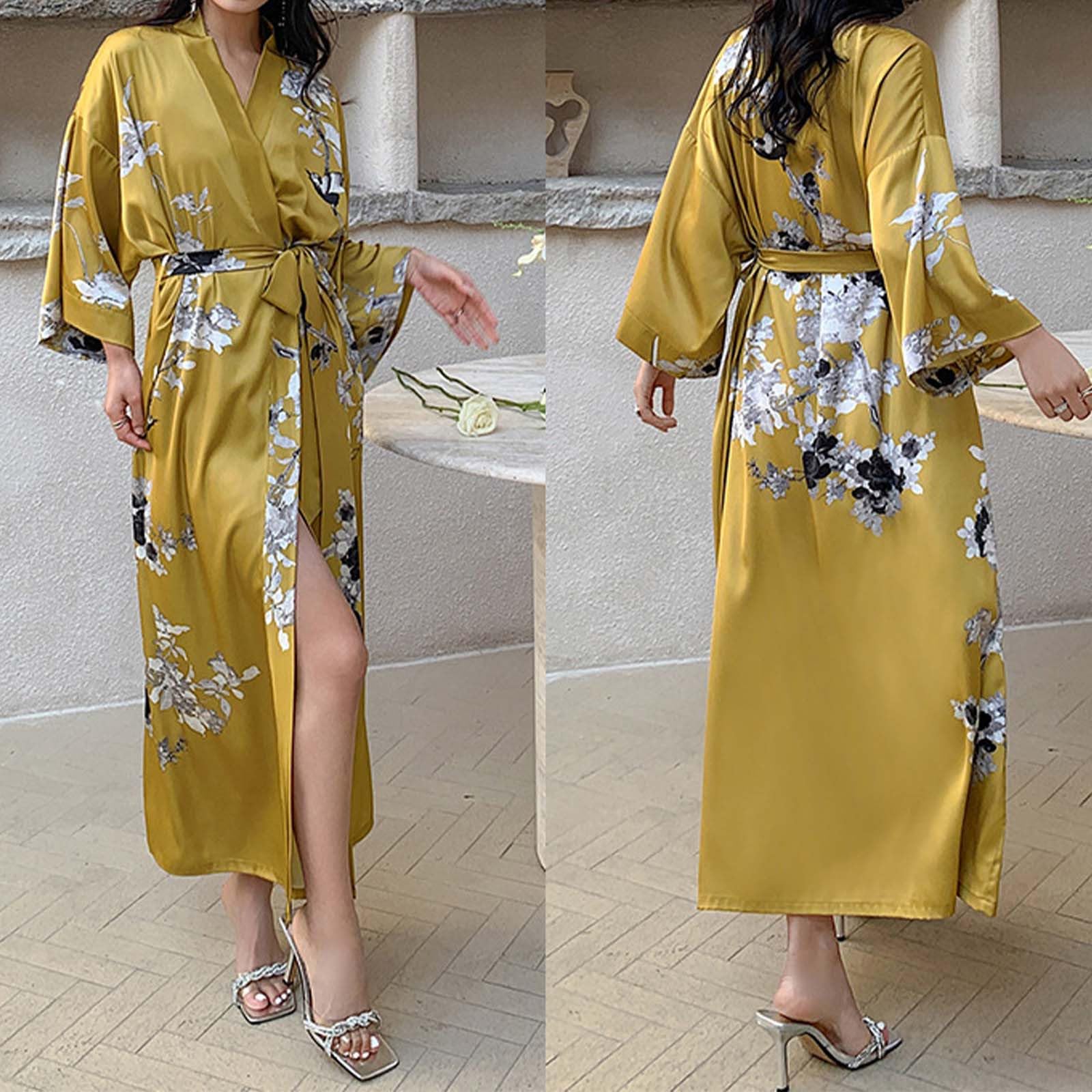 Costume 2026 pour femme Kimono luxueux en satin avec motif floral pour femme, sensation cool, manches 3/4, long, décontracté, peignoir de bain, vêtements de nuit