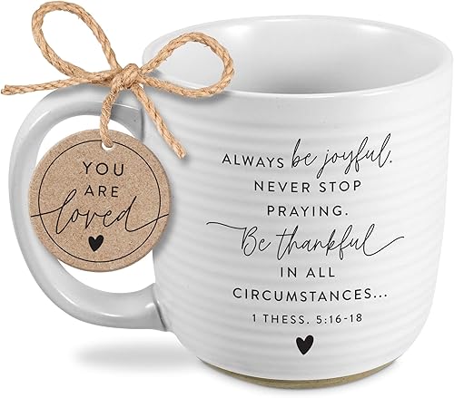 Lighthouse Christian Products Be Joyful Hold Onto Hope Rib - Taza de cerámica blanca texturizada de 20 onzas