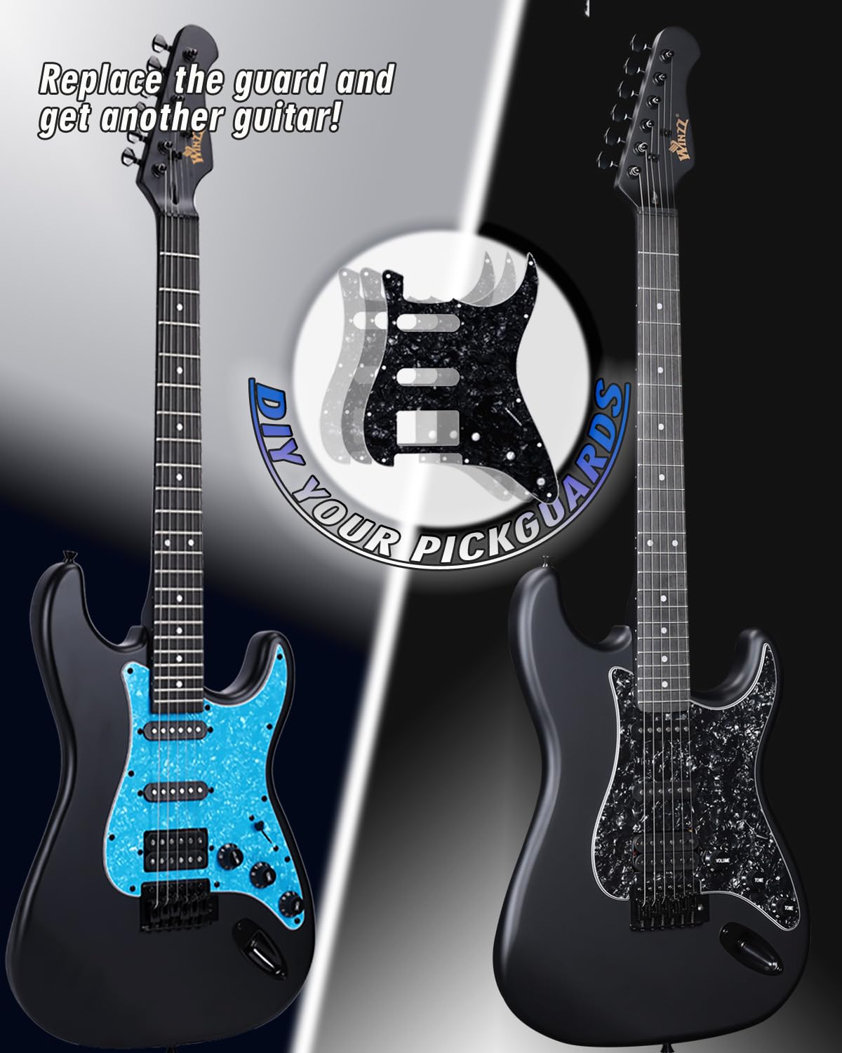Winzz Erwachsene E-Gitarre 4/4 Größe, ST HSS Tonabnehmer, für Anfänger Starter Paket mit 12 Zubehör, Ideal Kinder E-Gitarre Kit 12+ Jahre (39" Matte Schwarz, Blau Schlagbrett)