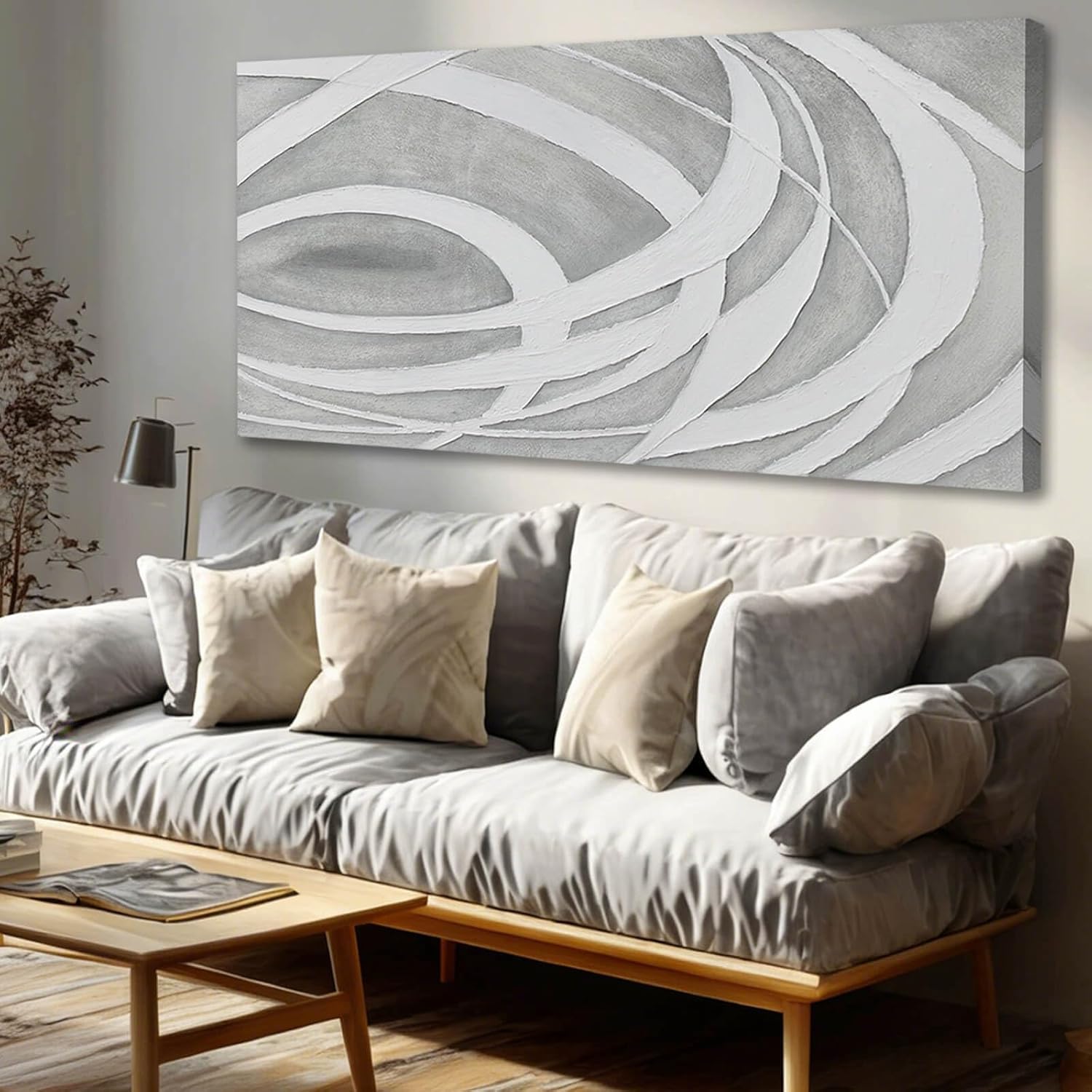 MLART99 Modern Gray and White Abstract Canvas Wall Art Minimalist Line Painting Neutral Textured Artwork for Living Room Bedroom Office Home Decor 24x48 Inch