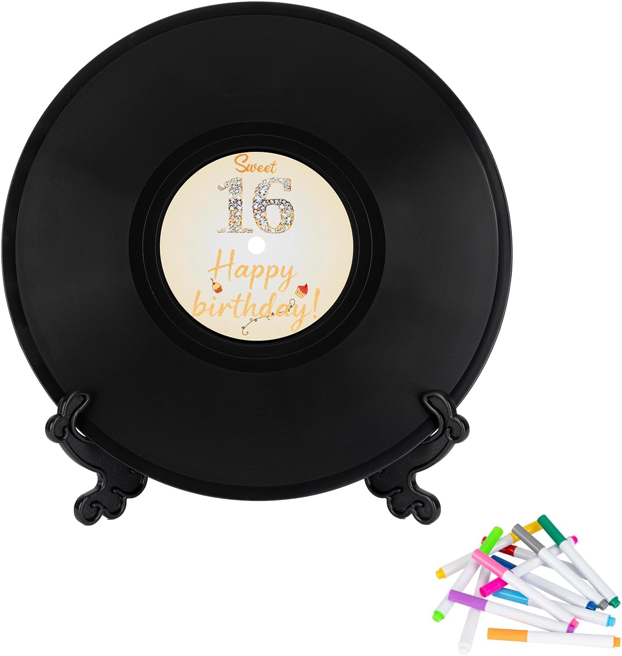 Sweet 16 Party Decorations Vinyl Records, Guest Book Happy Birthday Party Favors 16th Gifts Disco Birthday Decor Black Golden Posters for Sign in Alternatives (Sweet 16 Birthday)