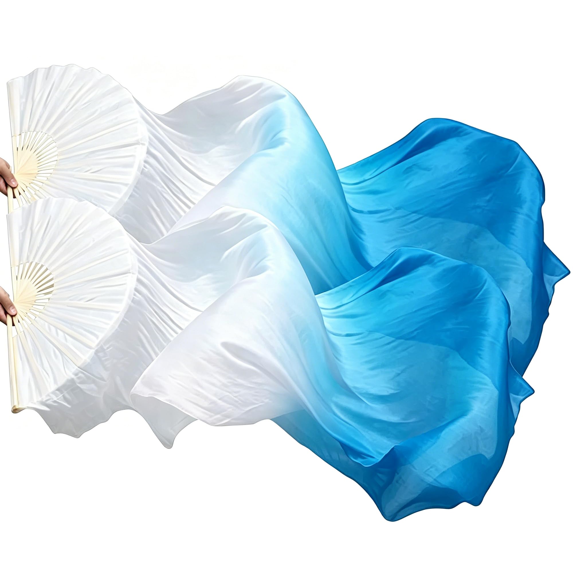 Houbobo 1 Pair Silk Belly Dance Fan, Belly Dance Faux Silk Veil Fan, Handmade Silk Dance Fan for Dancing Performances, Length 180cm Width 90cm (White Blue Gradient)