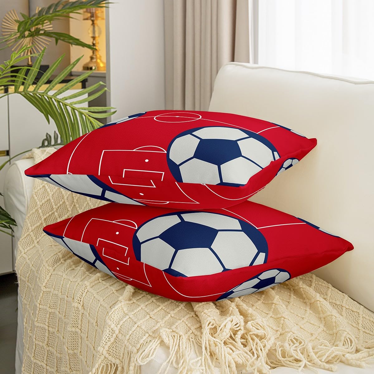 Football Throw Pillow Covers Set of 2 Football Court Decor Pillowcase for Sofa Couch Bed Chair Car Sports Theme Cushion Case Soccer Ball Patterne Red Outdoor Pillows Covers Room Decor 16x16 Inch - Image 3