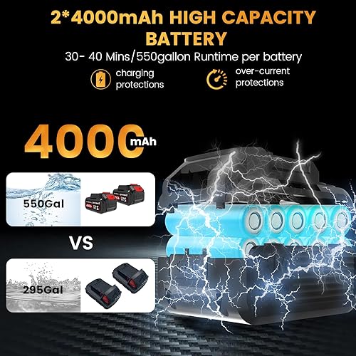 Miniatura 5 de Bomba de transferencia de agua inalámbrica, con 2 baterías de 4000 mAh y cargador, 720 GPH 32 pies de elevación máxima, bomba de sumidero portátil