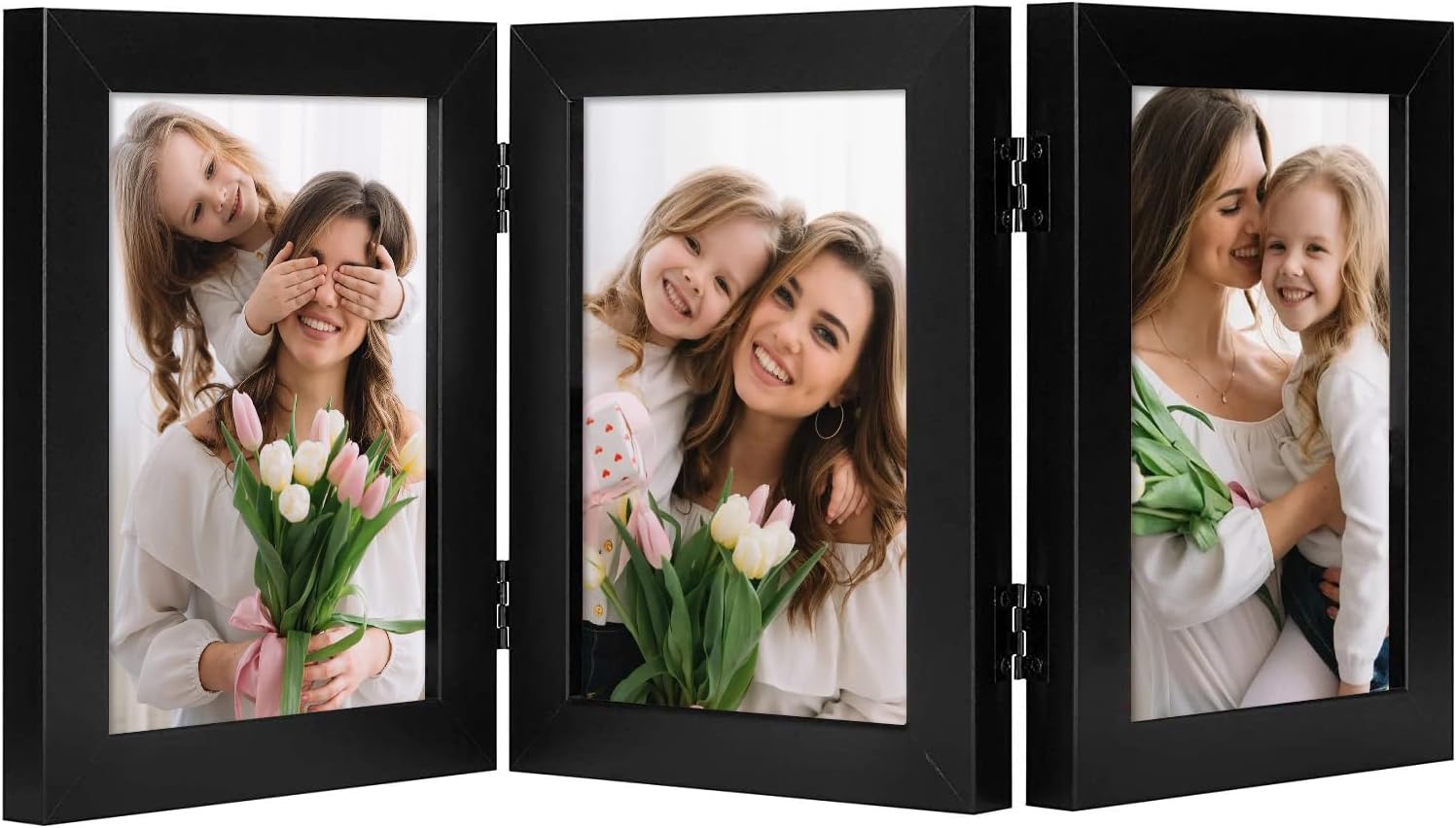 Frametory, 5x7 Trifold Picture Frame Hinged Photo Frames Three Folding Frame Desktop Glass Frame Vertical (Black, 5x7 Triple)