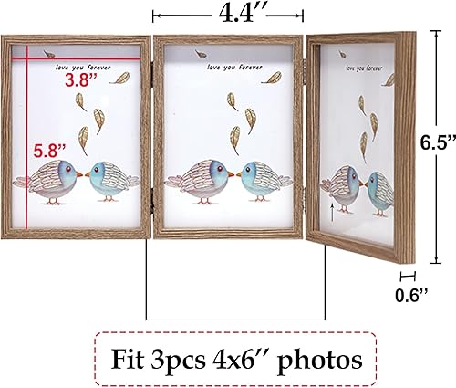 Miniatura 2 de TOFOREVO Marco de fotos de madera triple de 4 x 6 pulgadas, con tres bisagras, soporte de cristal verticalmente en escritorio o mesa