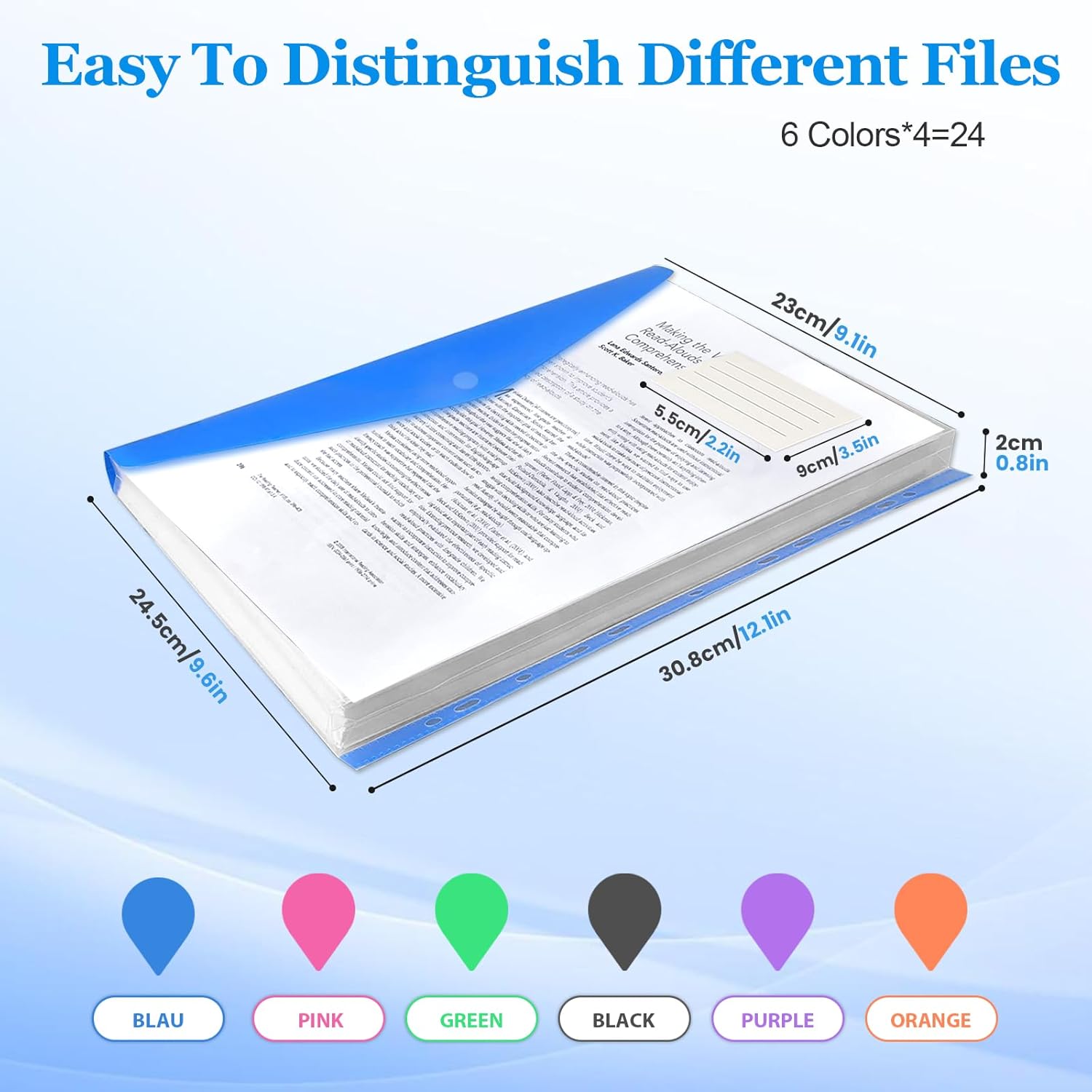 24 Pack Binder Folders with Pockets 11 Holes Expandable Dividers for 2/3/4 Ring Document Pouch with Snap Button & Label Loose-Leaf Transparent Binder Organizer for School Home Office(Side-Opening)