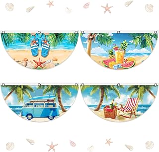 4 Pcs Summer Beach Pleated Fan Flags, Summer Bunting Fan Flag Decoration with Metal Grommet 1.5 x 3 Ft, Half Fan Flag Banner for Indoor Outdoor House Garden Patio Yard Decor