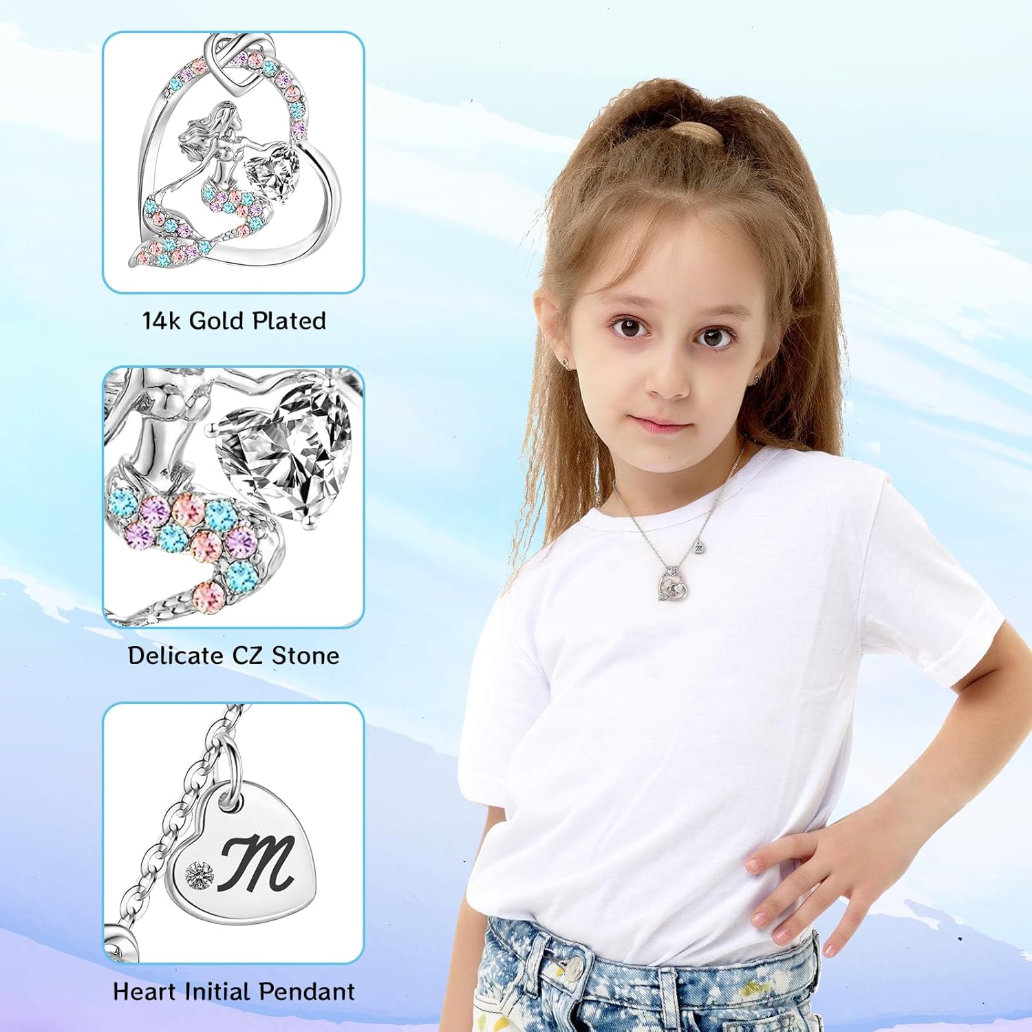 18K Gold Plated Mermaid Necklace - AAA+ Cubic Zirconia Little Mermaid Jewelry for Girls Trendy Kids Mermaid Herat Pendant With Name Birthday Gifts for Girls - Image 4
