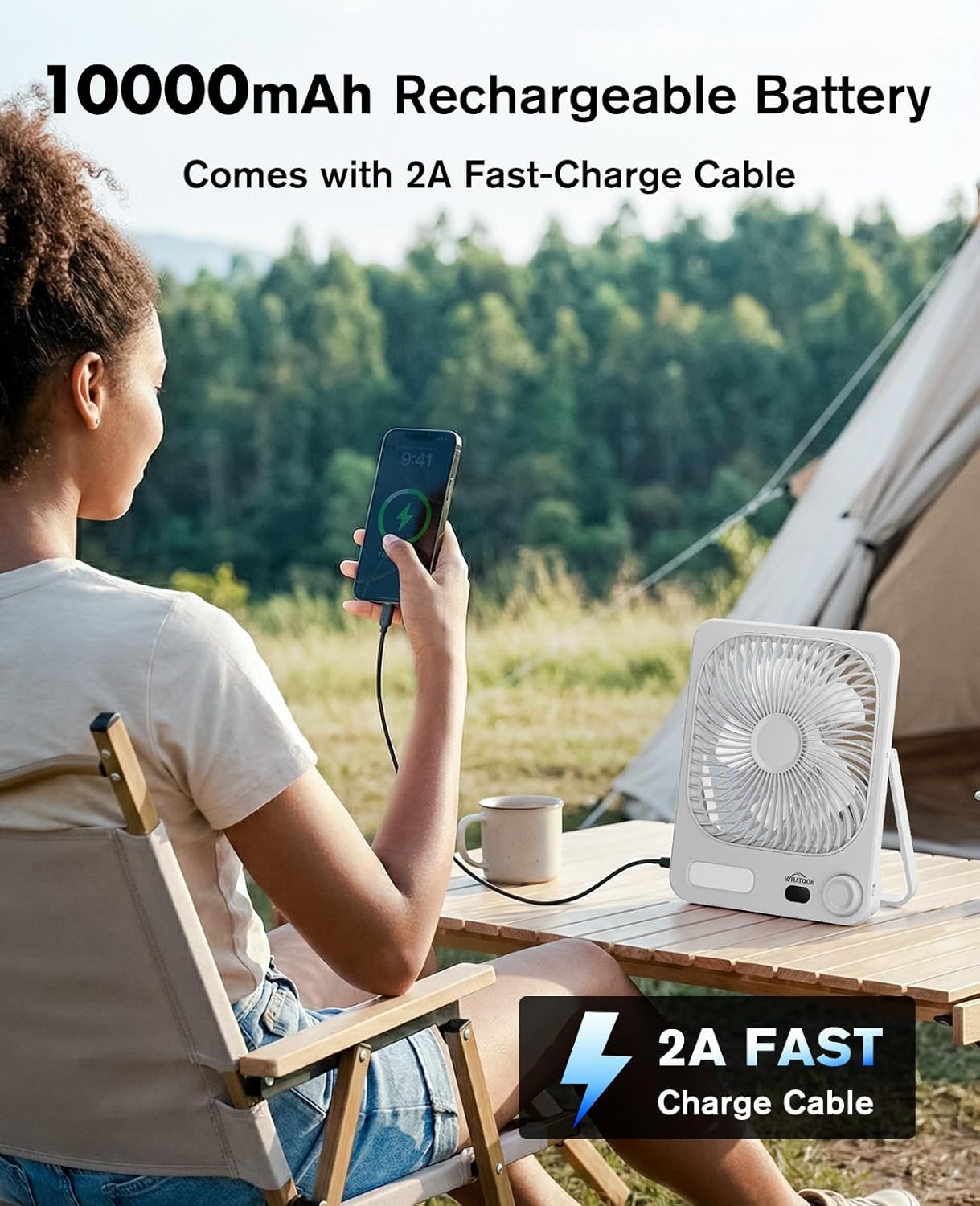 WHATOOK Large Travel Desk Fan with Night Light: 10000mAh Battery 40 Hours Runtime Rechargeable Fans, Quite Personal Portable Fan for Camping Bedroom Office Small Desktop fan (8.3 * 7.1inch White)