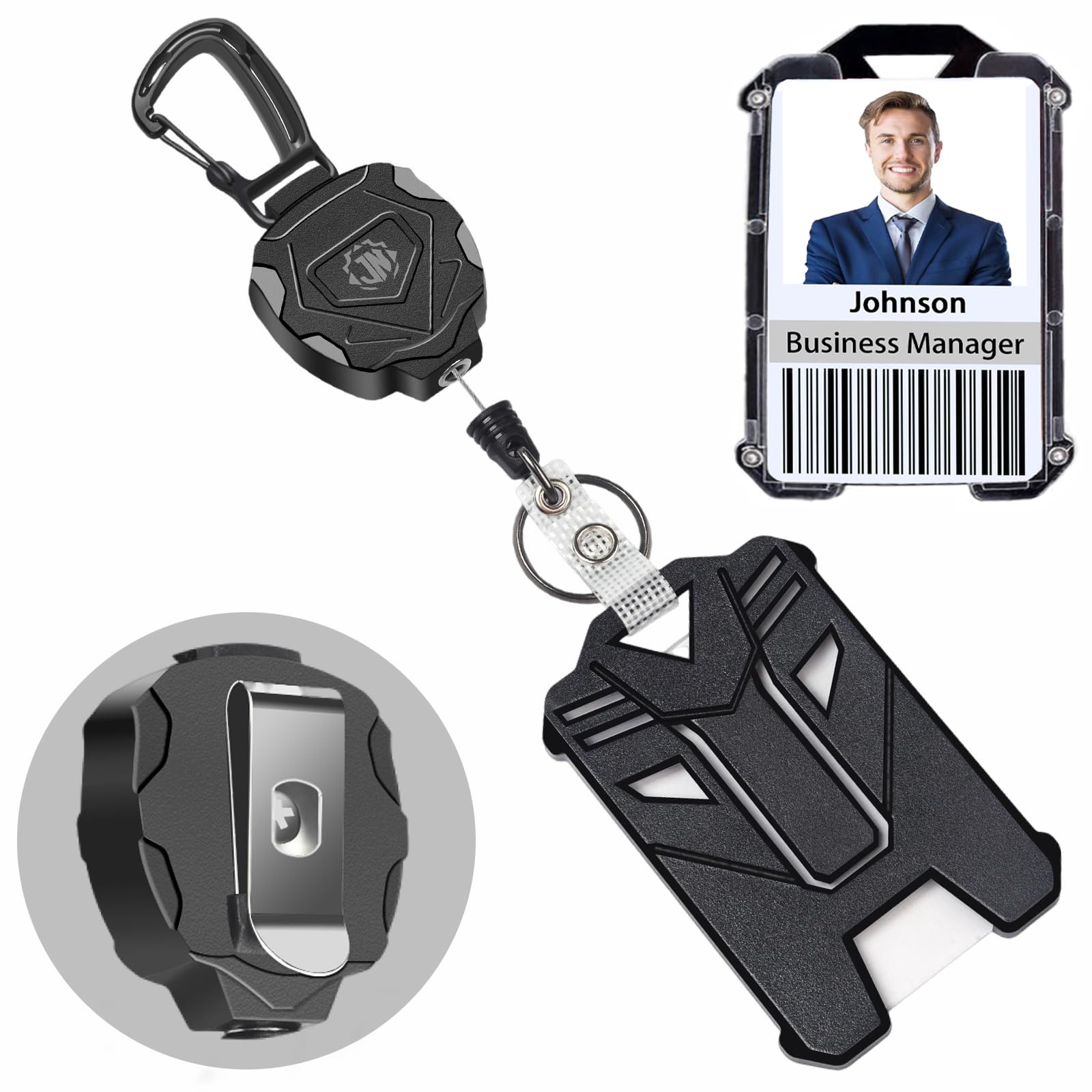 JNOMOW Heavy Duty Retractable Keychain and Badge Holder Set (Black Badge Holder)