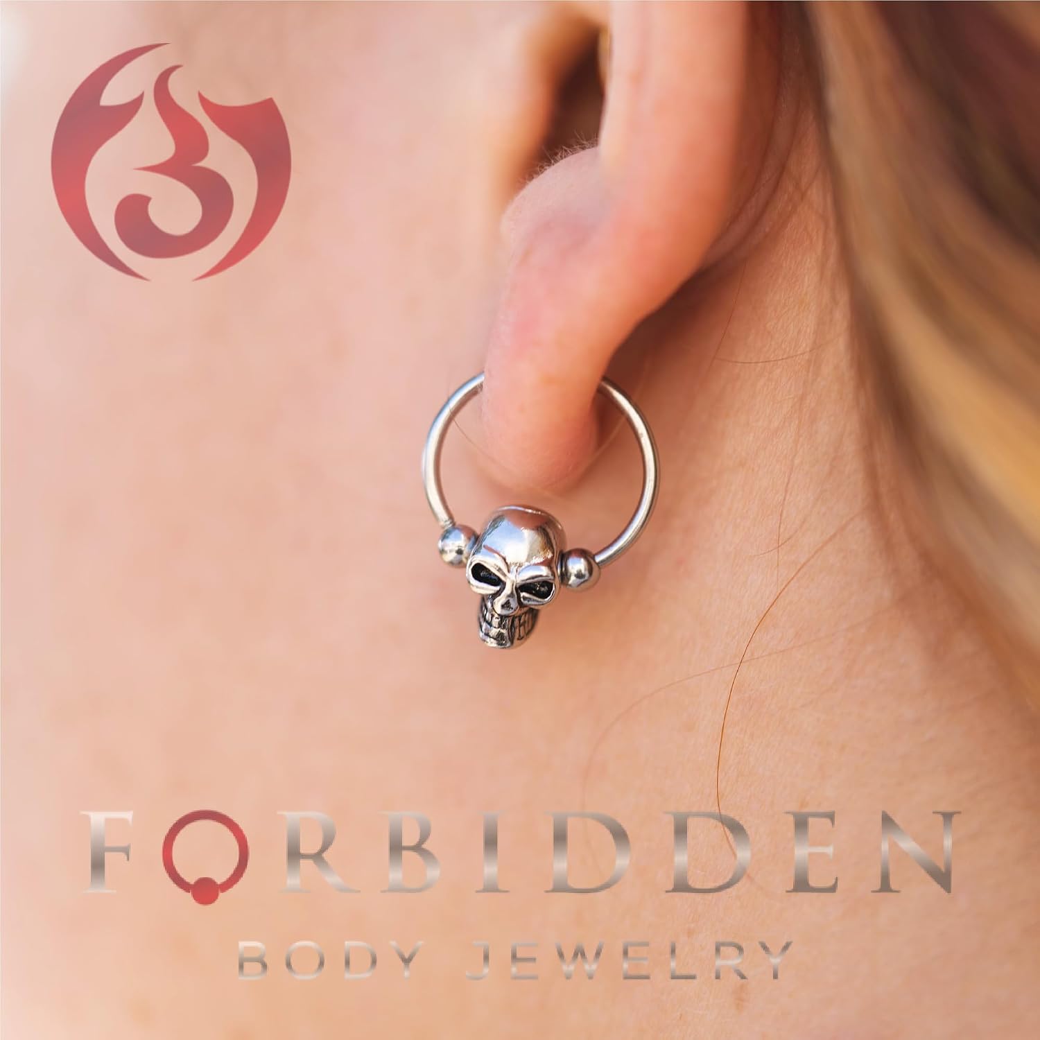 Forbidden Body Jewelry Surgical Steel Skull Captive Bead Ring Hoops, Skull Septum Ring, Nipple Ring, CBR 14G-16G (Sold as Set or Single)