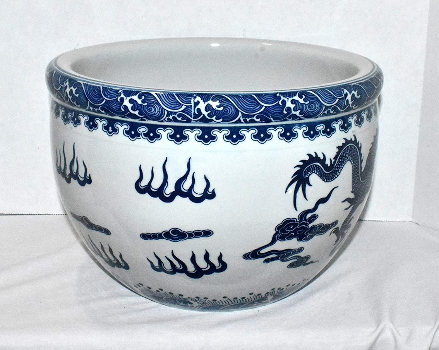 10" Oriental Blue & White Asian Double Dragon & Fire Pearl Fish Bowl Jardiniere Planter Plant Pot