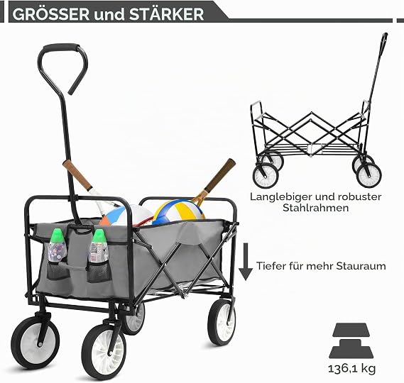 Handcart Transport Trolley Foldable Hand Trolley with Side Pocket 98 L/80 kg Load Capacity Beach Trolley Foldable All Terrain Garden Trolley for Shopping Camping Beach Transport Outdoor (Grey)