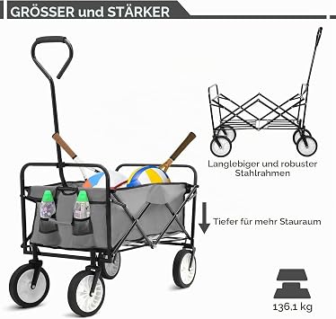 Handcart Transport Trolley Foldable Hand Trolley with Side Pocket 98 L/80 kg Load Capacity Beach Trolley Foldable All Terrain Garden Trolley for Shopping Camping Beach Transport Outdoor (Grey)