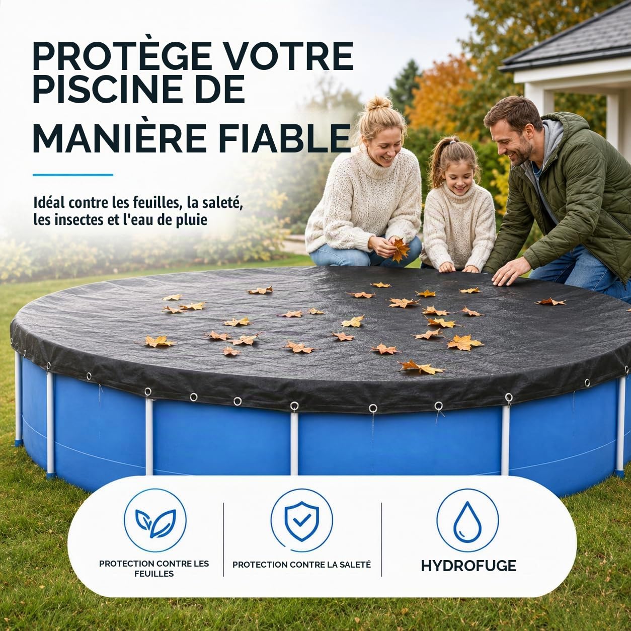 Bâche de piscine ronde - Extra épaisse - 200 g/m² - Résistante aux UV - Pour l'été et l'hiver - Noire - 320-366 cm (diamètre 420 cm))