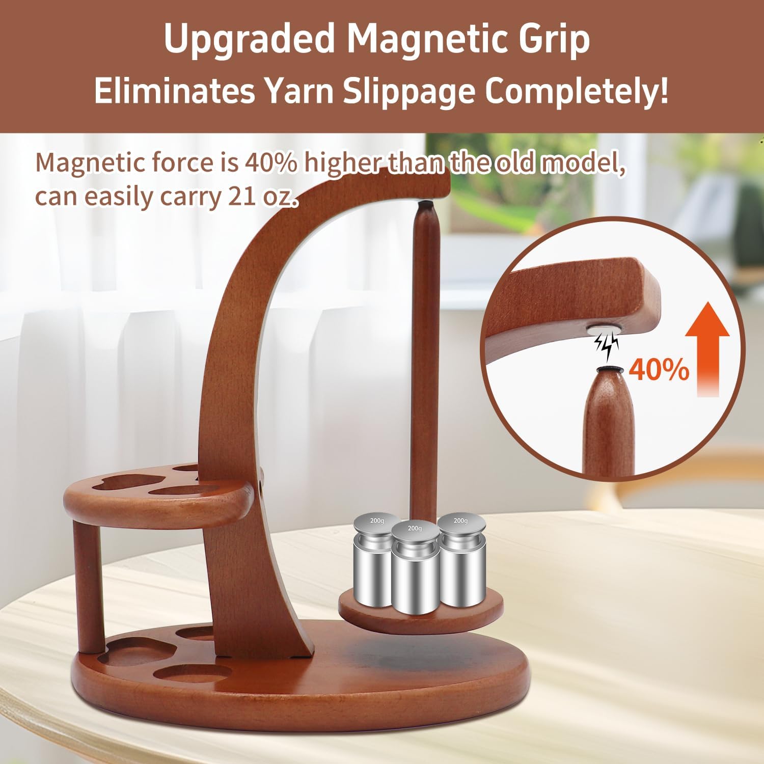 Sthmeyue Magnetic Yarn Ball Holder for Knitting & Crocheting ，Upgraded Solid Beech Wood Rotating Stand with Storage Compartment ，Holds 21 oz Yarn Balls, Craft Gift for Knitters (Natural Brown) image 4