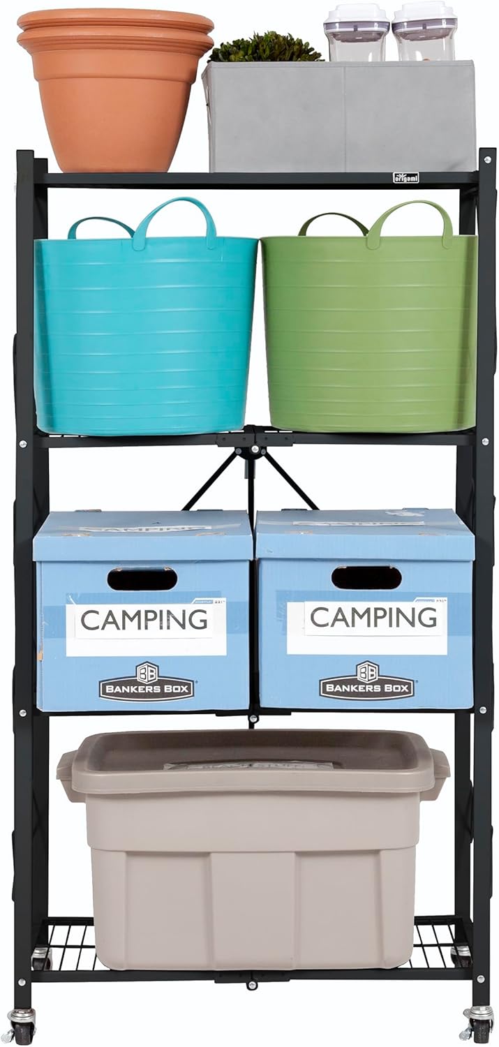 Origami R4 4-Tier Folding Shelf in a kitchen setting, holding various kitchen items.