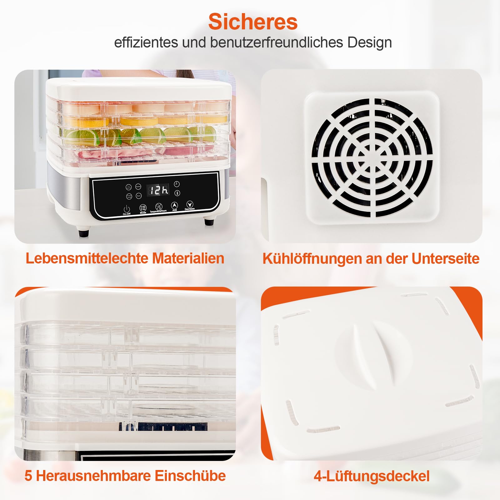Déshydrateur automatique intelligent à 5 couches avec minuterie de 72 heures, température réglable de 35 à 70 °C et affichage LED pour sécher les fruits, les légumes, la viande
