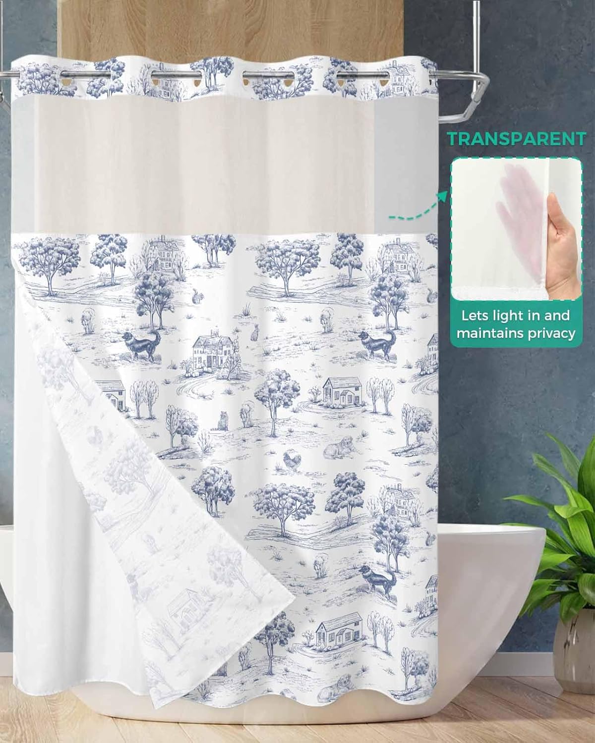 No Hook Shower Curtains, Navy Blue Country Standard Shower Curtains with Snap in Liner, Farmhouse Rustic Tree Animals Abstract Waterproof Washable Fabric Bathroom Shower Curtain Sets, 66" x 72"