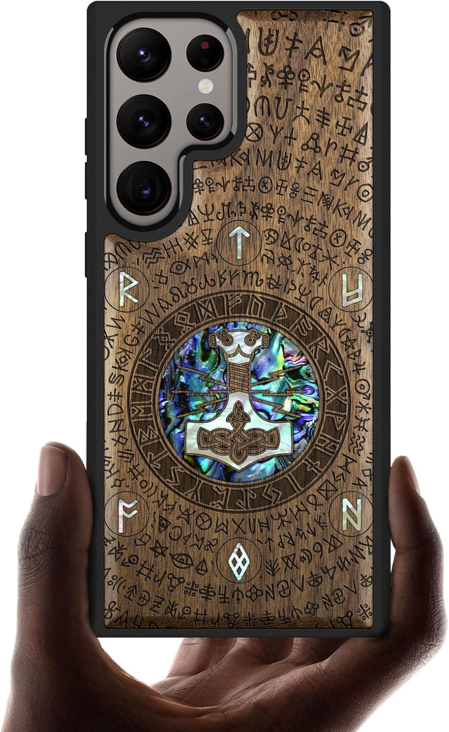 Carveit Designer Wooden Case for Samsung Galaxy S24 Ultra Case [Wood Engraving & Shell Inlay] Compatible with Wireless Chargers S24 Ultra Cover (Thors Hammer-Walnut)