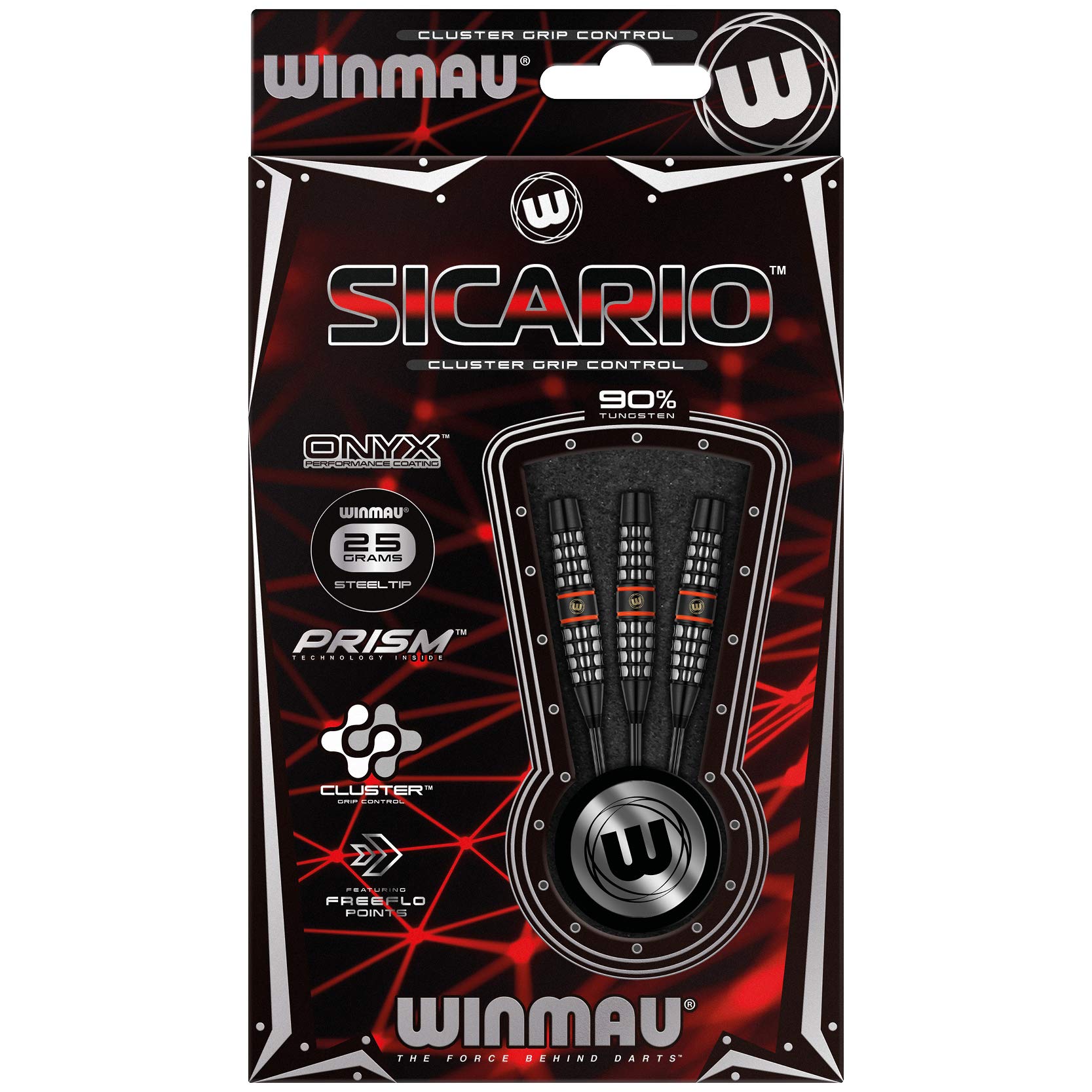 WINMAU Sicario 90% Tungsten Darts Set with Flights and Stems (Shafts) Two Styles - Cluster Grip Control