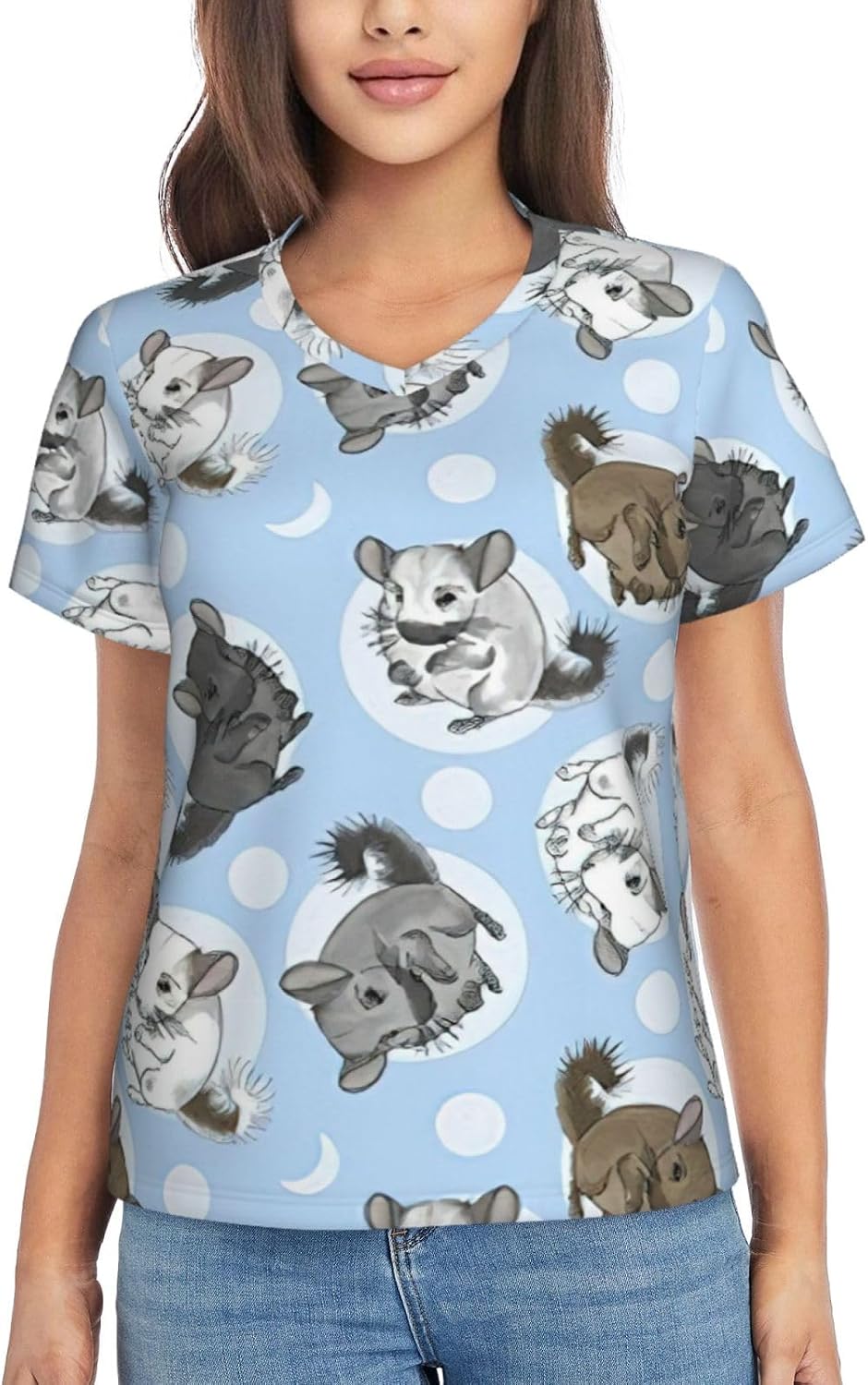 Women Casual Blue Chinchillas and Moon Print V-Neck T-Shirt Short Sleeve Summer Trendy Tops.