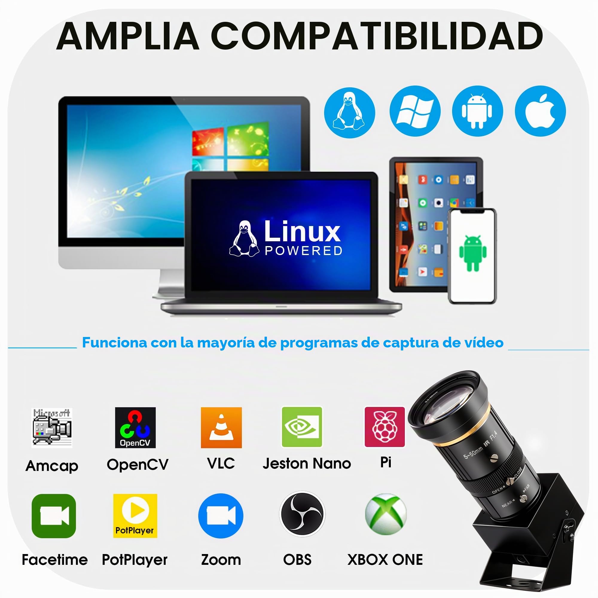 SVPRO Cámara USB de 5 MP 30 FPS con lente teleobjetivo de 5 a 50 mm, zoom óptico de 10X, cámara web de enfoque manual para macro y larga distancia, cámara de computadora con poca luz con sensor IMX335