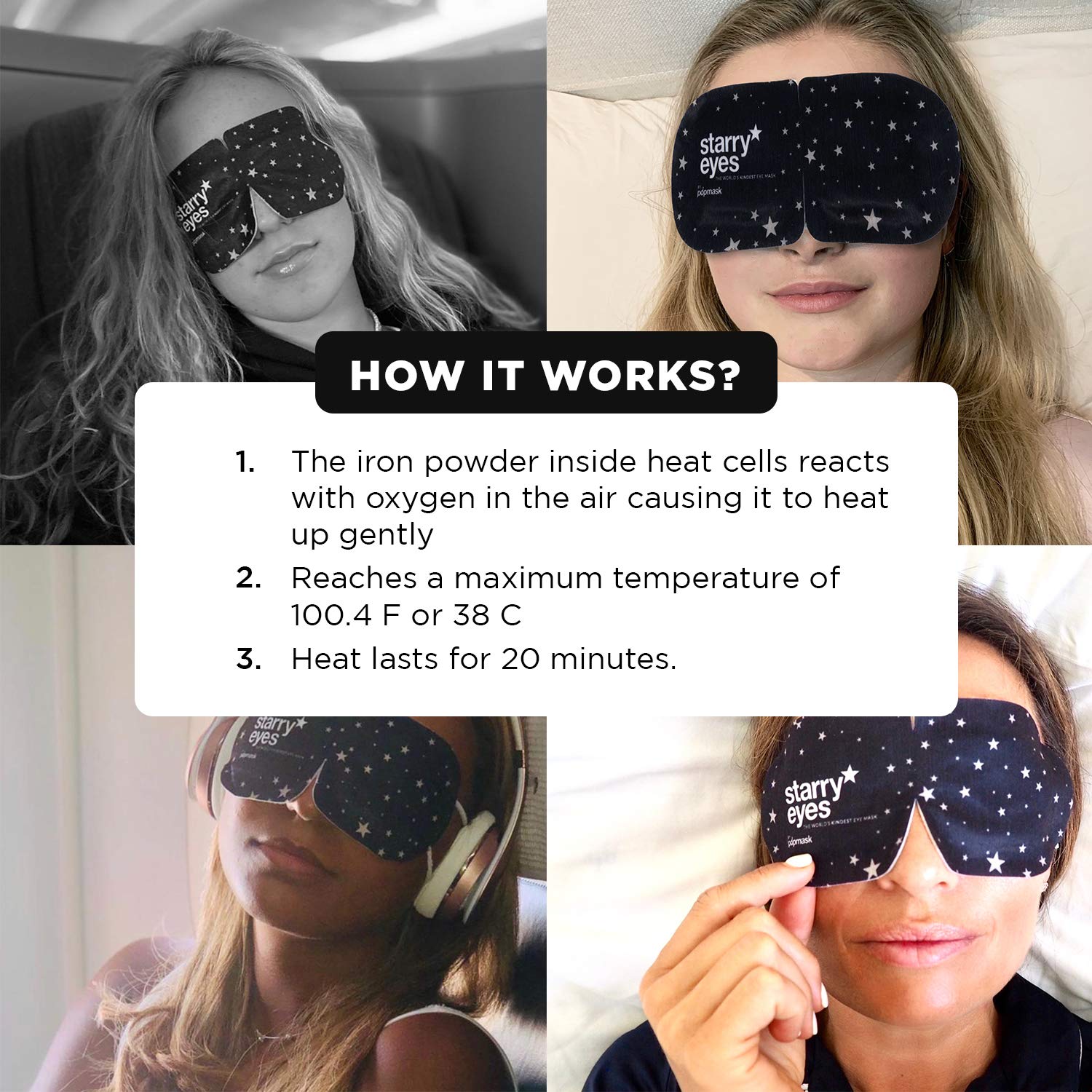 Popmask Starry Eyes Self Warming Steam Eye Mask Compress - For Headache Relief, Dry Eyes, Puffy Eyes, And To Help You Sleep - 3 Boxes - 15 Pack