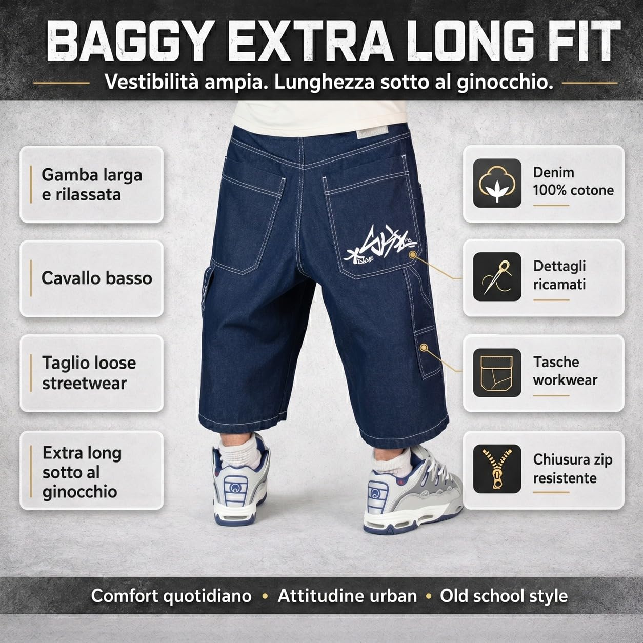 Bermuda Jeans Baggy Extra Long Uomo – Jorts Hip Hop Skate Streetwear Oversize Blu Eco Wash - W 26 IT 40