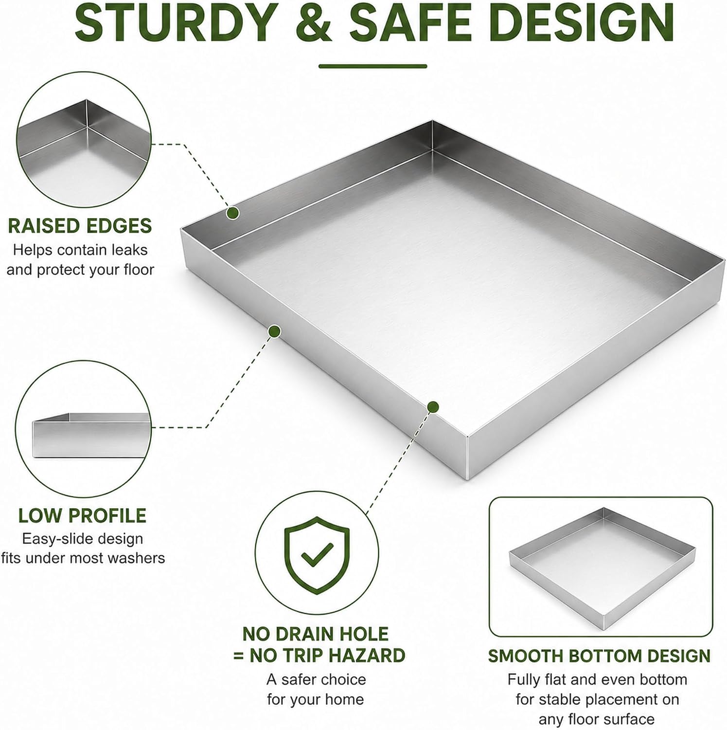 Redrubbit Washing Machine Drain Pan Stainless Steel Leak Tray, 304 Steel Water Drip Pan for Washer, Refrigerator, Dryer Floor Protection 27" x 25" x 2.5"