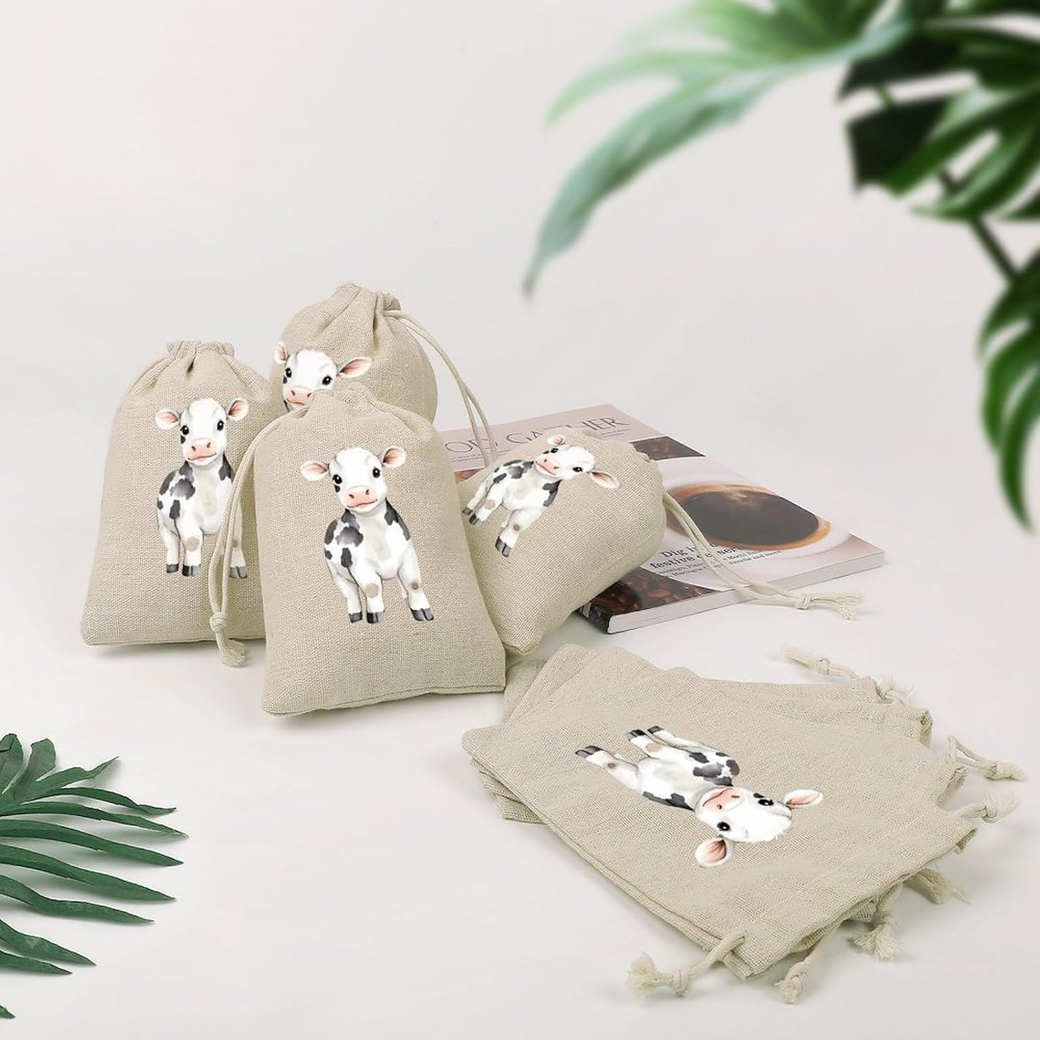 Cute Cow Calf Drawstring Bags Cotton Linen Pack of 8 image 4