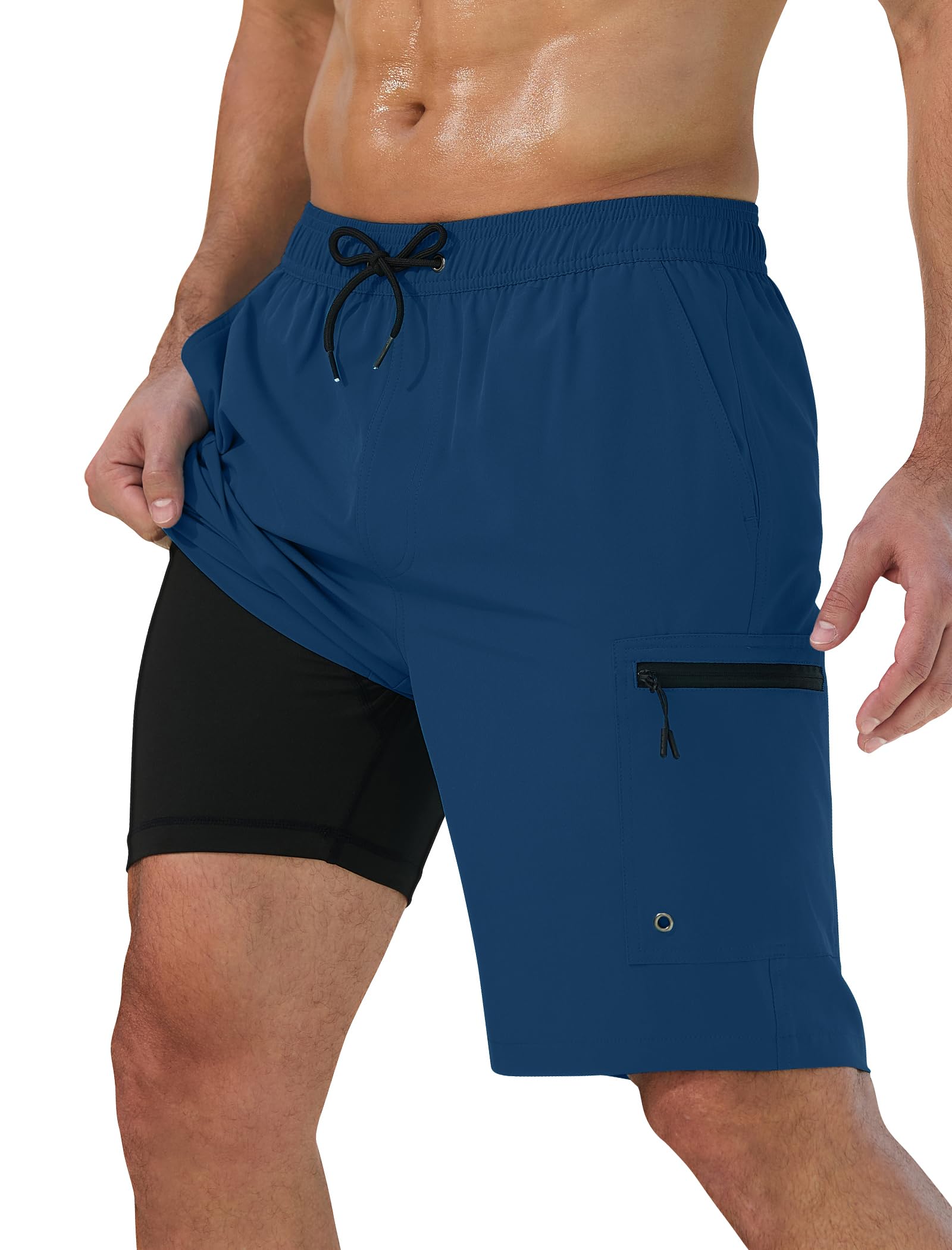 Vogyal Mens Swim Trunks with Compression Liner Zipper Cargo Pockets Bathing Suit 9 Inch Quick-Dry Swimming Shorts