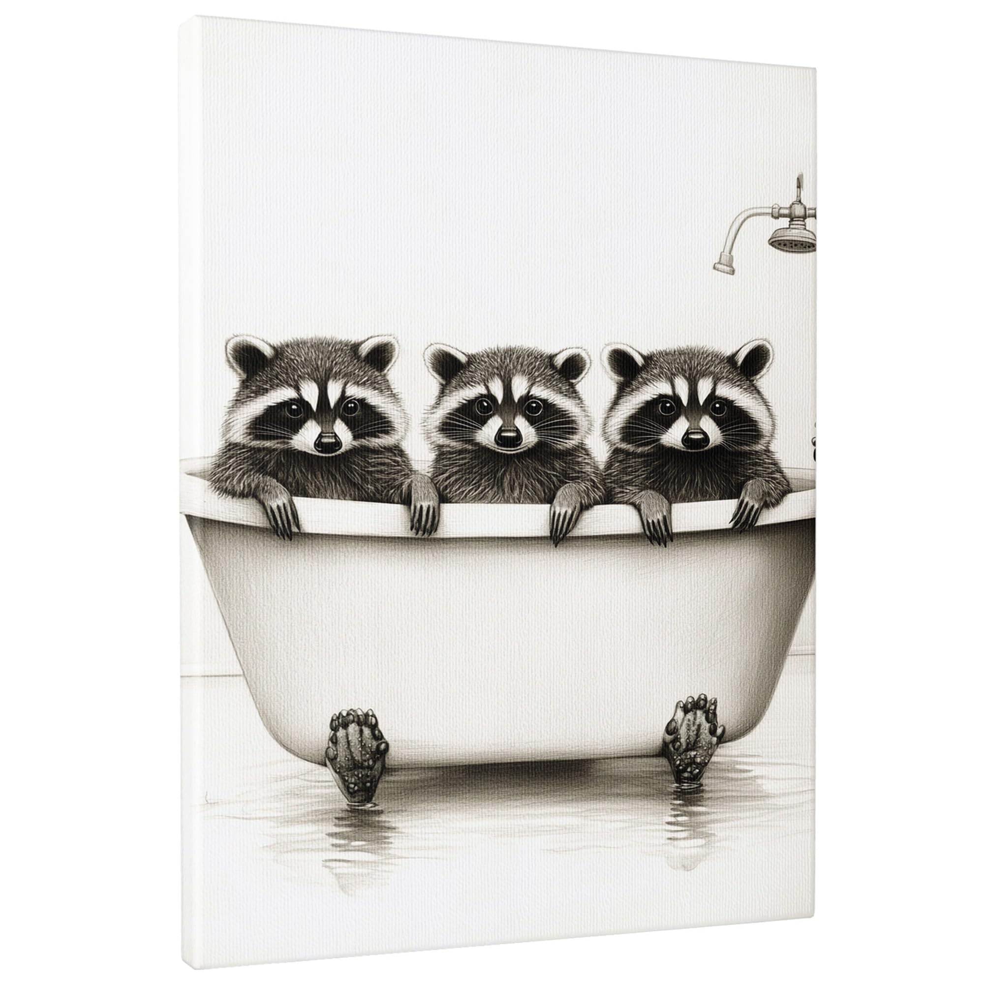 Raccoon Family Bathtub Canvas Wall Art, Monochrome Animal Illustration Print, Fanciful Home Decor for Living Room, Bedroom, Bathroom, Nursery, Playful 8x12 Inch
