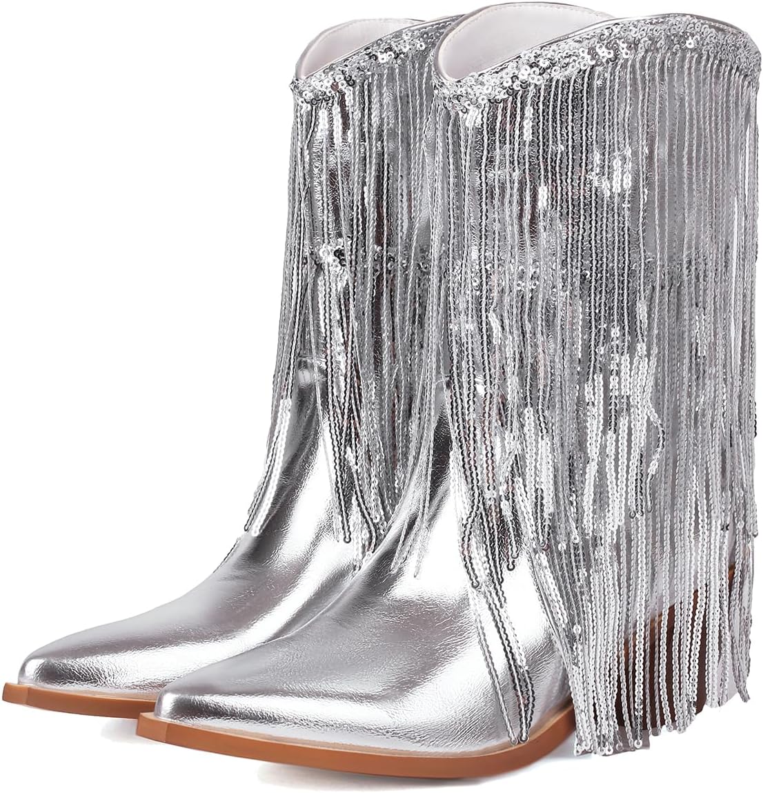 SHODENSE Women Fringe Western Boots Chunky Stacked Heel Pointed Toe Metallic Ankle Booties Wide Calf Pull On Sequin Tassel Cowboy Cowgirl Boots Matte Leather Glitter Dress Fall Boots Fashion 5-15 M US