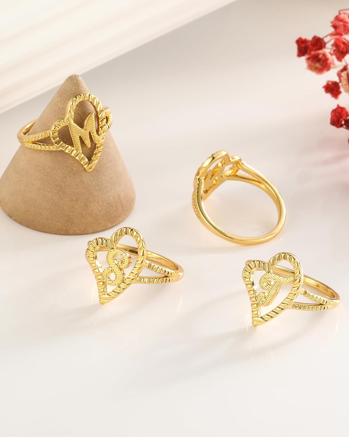 Gold Rings for Women Non Tarnish Dainty 14K Gold Plated Initial Rings Vintage Heart Letter Statement Thumb Rings Size 6-10 Personalized Jewelry Gifts - Image 5