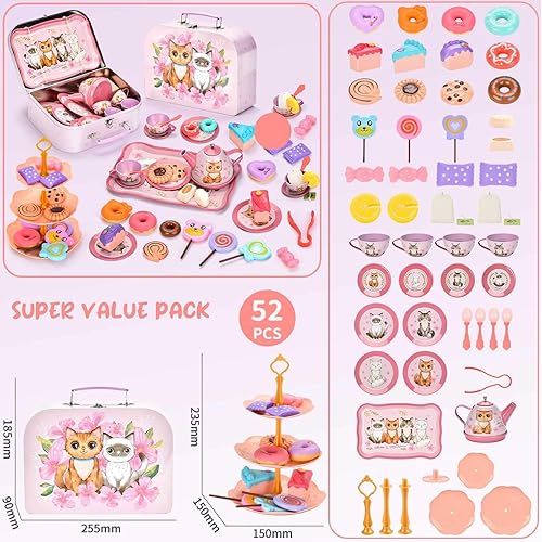 Miniatura 7 de Lajeje Juego de té de 52 piezas para niñas pequeñas, regalo para niñas de 3, 4, 5, 6 años, juego de fiesta de juguetes para niños, postres y estuche
