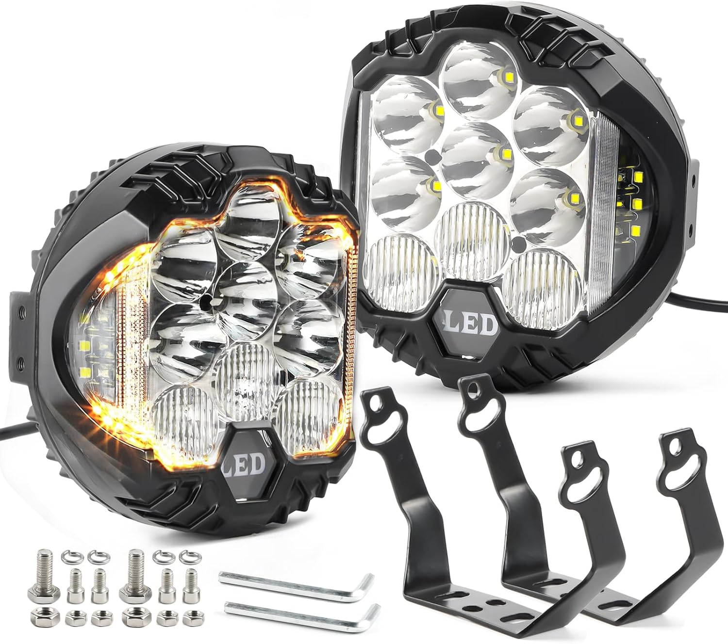 LIGBT 2PCS 7 Inch Round LED Offroad Light with DRL 90W LED Off Road Lights Super Bright Driving Spot Light Bar with Amber DRL Side Shooter Lights Waterproof 12V 24V for Pickup Trucks SUV UTV