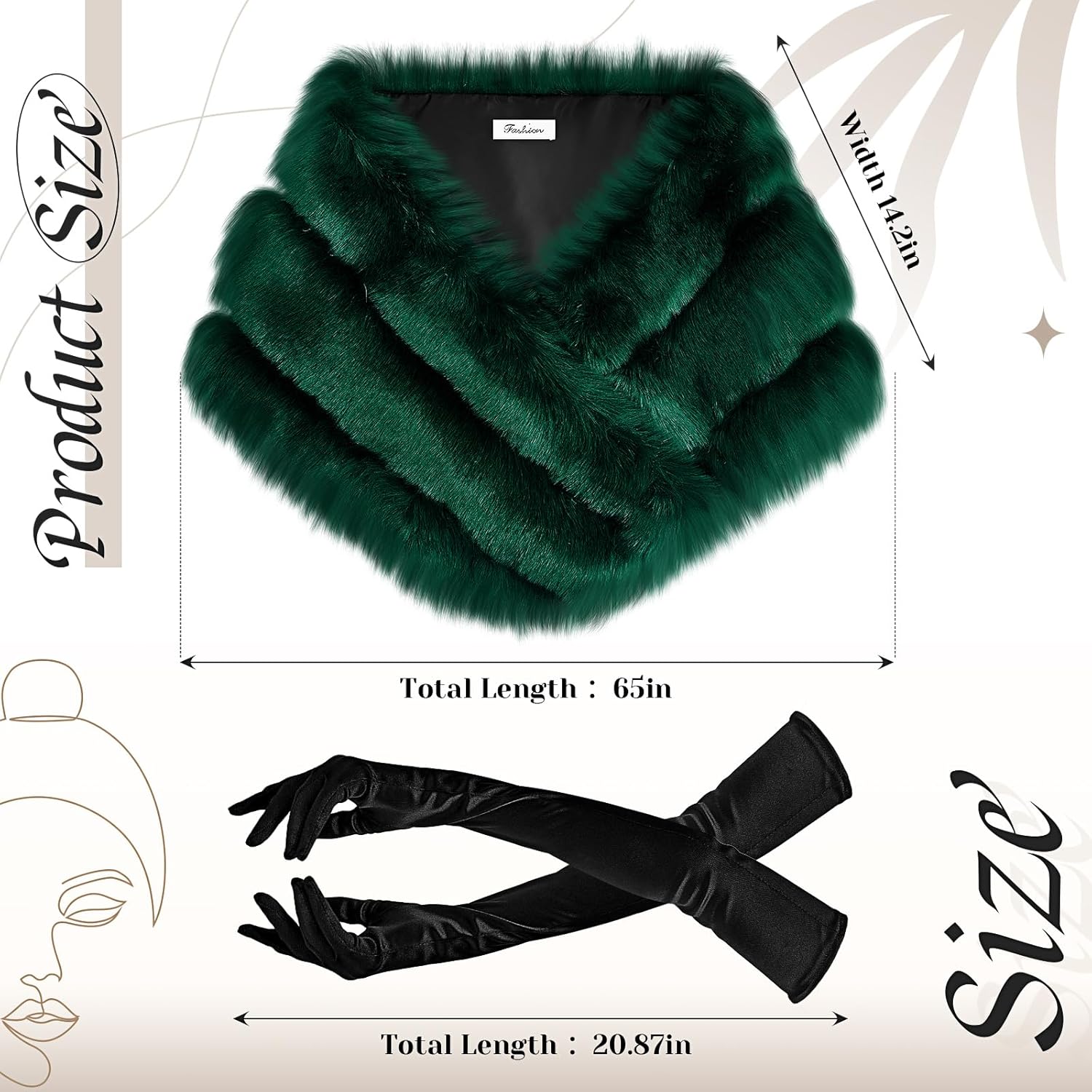 Zhanmai 2 Pcs Winter Long Shawl Cloak Stretchy Glove Opera Bridal Dance Gloves for Women Dress Party Coat