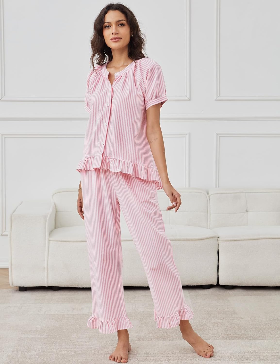 COZYPOIN Womens Striped Pajama Sets 2 Piece Cotton Button Down Short Sleeve Shirt Y2K Ruffle Pants Pockets Pjs Lounge Set - Image 2