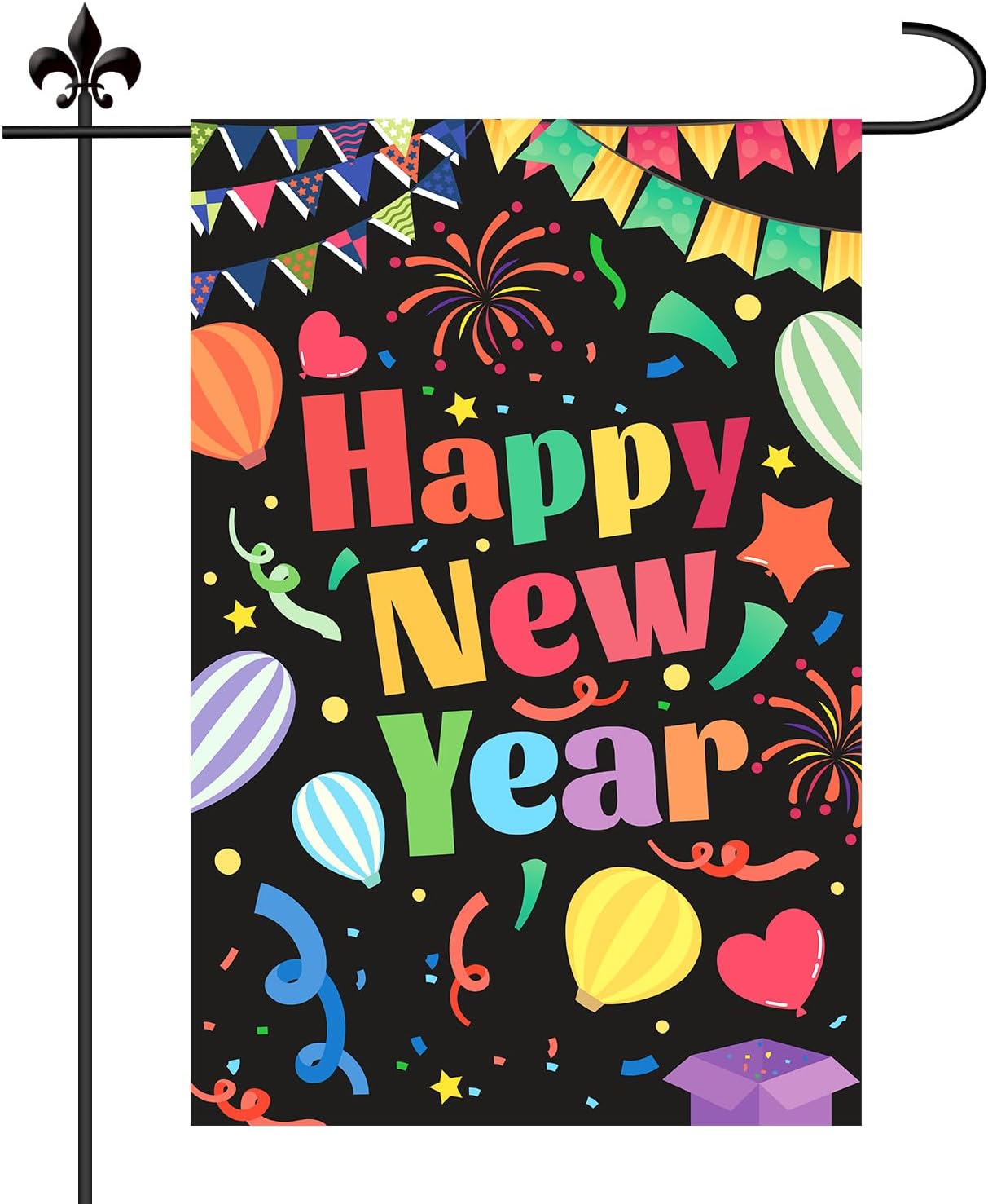 Happy New Year Garden Flag, 18x12in Double Sided New Year Decoration Flag with Colorful Words Black Background Confetti Hot Air Balloons Pattern Party Yard Decorations for Outdoor Lawn Winter