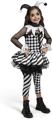 Miniatura 7 de Spooktacular Creations Disfraz de payaso para niñas, disfraz de payaso malvado de Halloween, vestido de payaso blanco y negro para niñas de Halloween