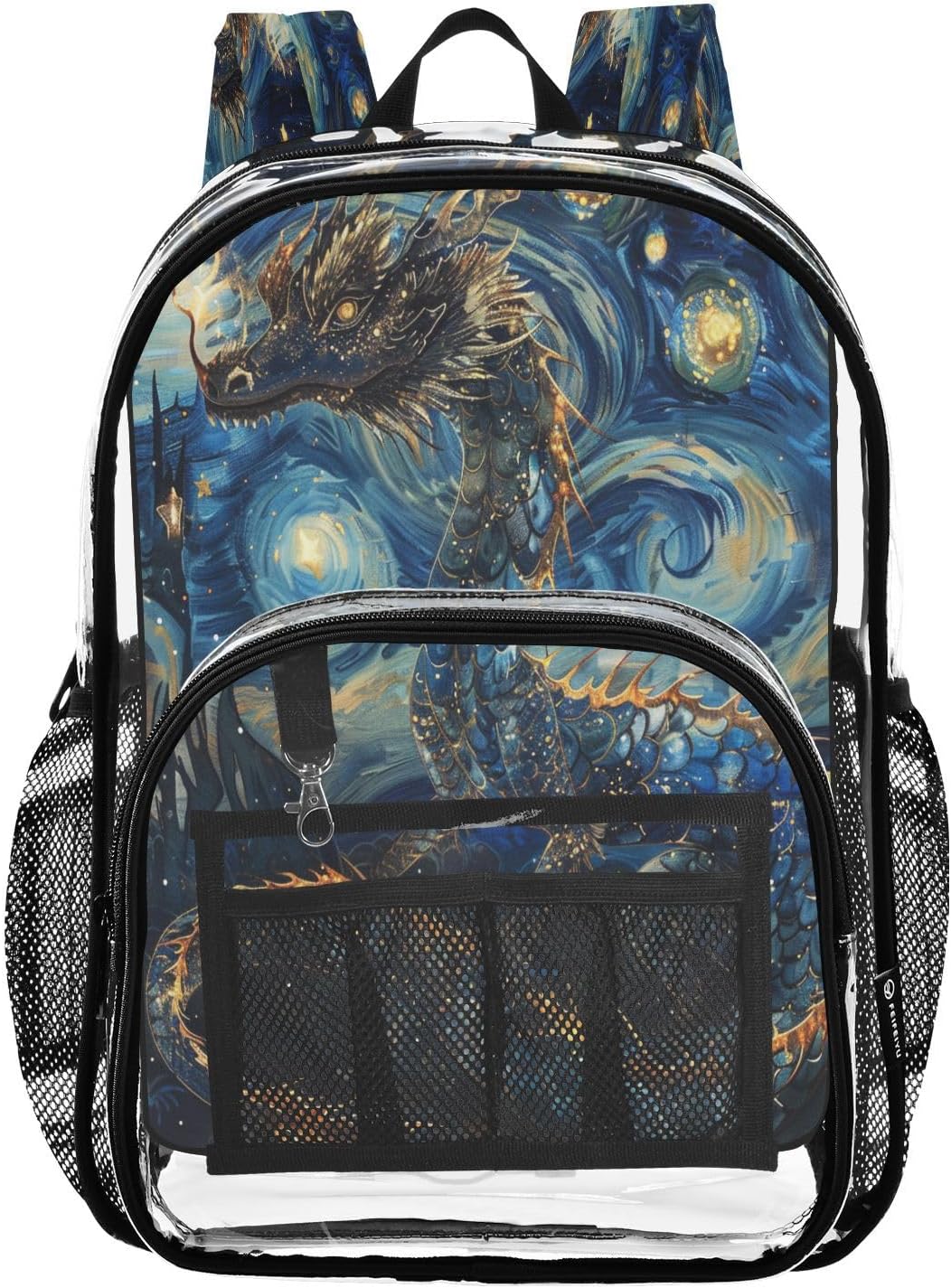 Starry Night Sky Dragon Clear Backpack Heavy Duty See Through Transparent PVC BookBag for Kids Boy Girl Adult School Work