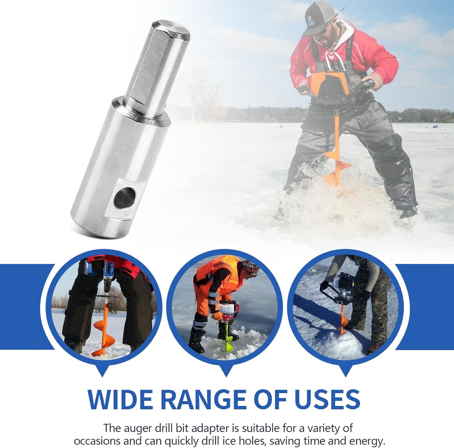 Ice Auger Drill Bit Adapter Fits 1/2" Plus Drill Chucks with 1/4" Hole Compatible with Strikemaster, Eskimo, Mora for 1/4"-20 Wing Bolts & Locking Screws