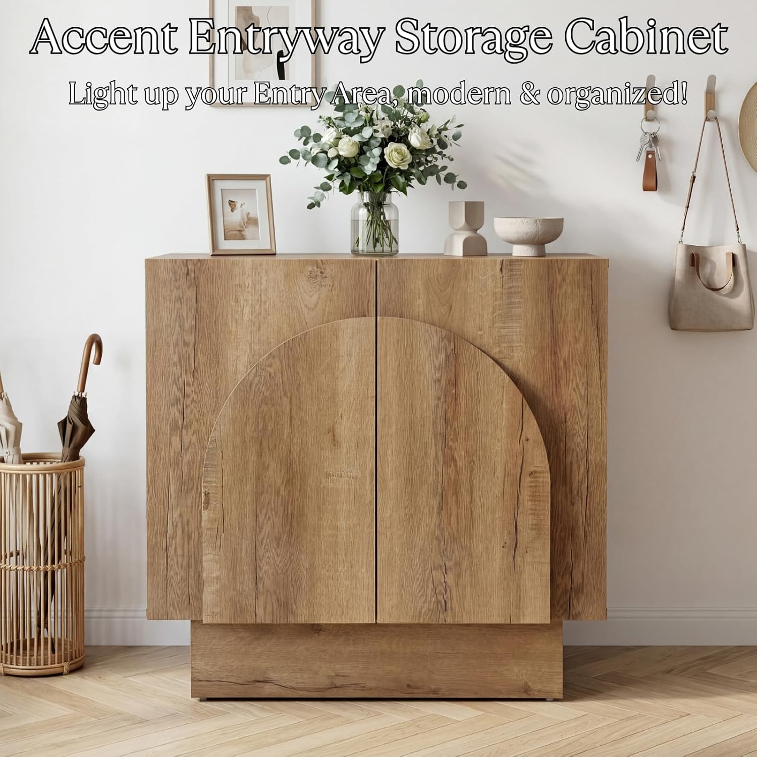CIMOTA Natural Sideboard Buffet Cabinets with Storage, Modern Coffee Bar Cabinets Credenza with Arched Doors, Farmhouse Accent Wooden TV Stand Media Console Table for Living Room/Hallway,3PCS