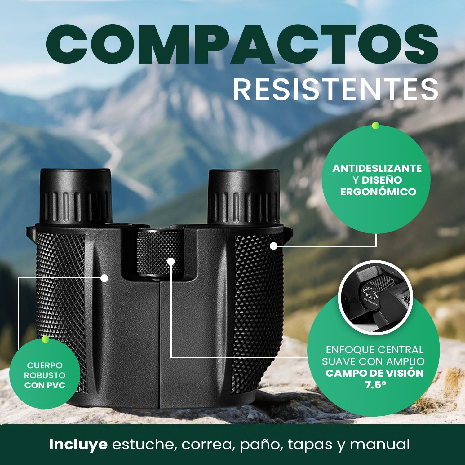 Prismaticos Largo Alcance - Prismaticos para Niños y Adultos - Binoculares Pequeños y Potentes 10x25 para Obsevacion para Caza, Aves - Prismas BAK-4 y Lentes FMC.