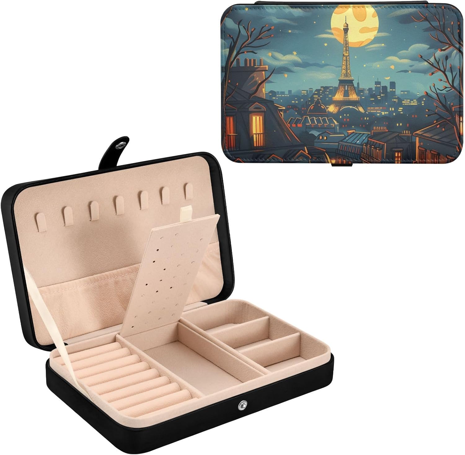 Jewelry Box for Women,Poster in Paris France at Night Small Jewelry Organizer Storage Case, PU Leather Display Jewelry Holder