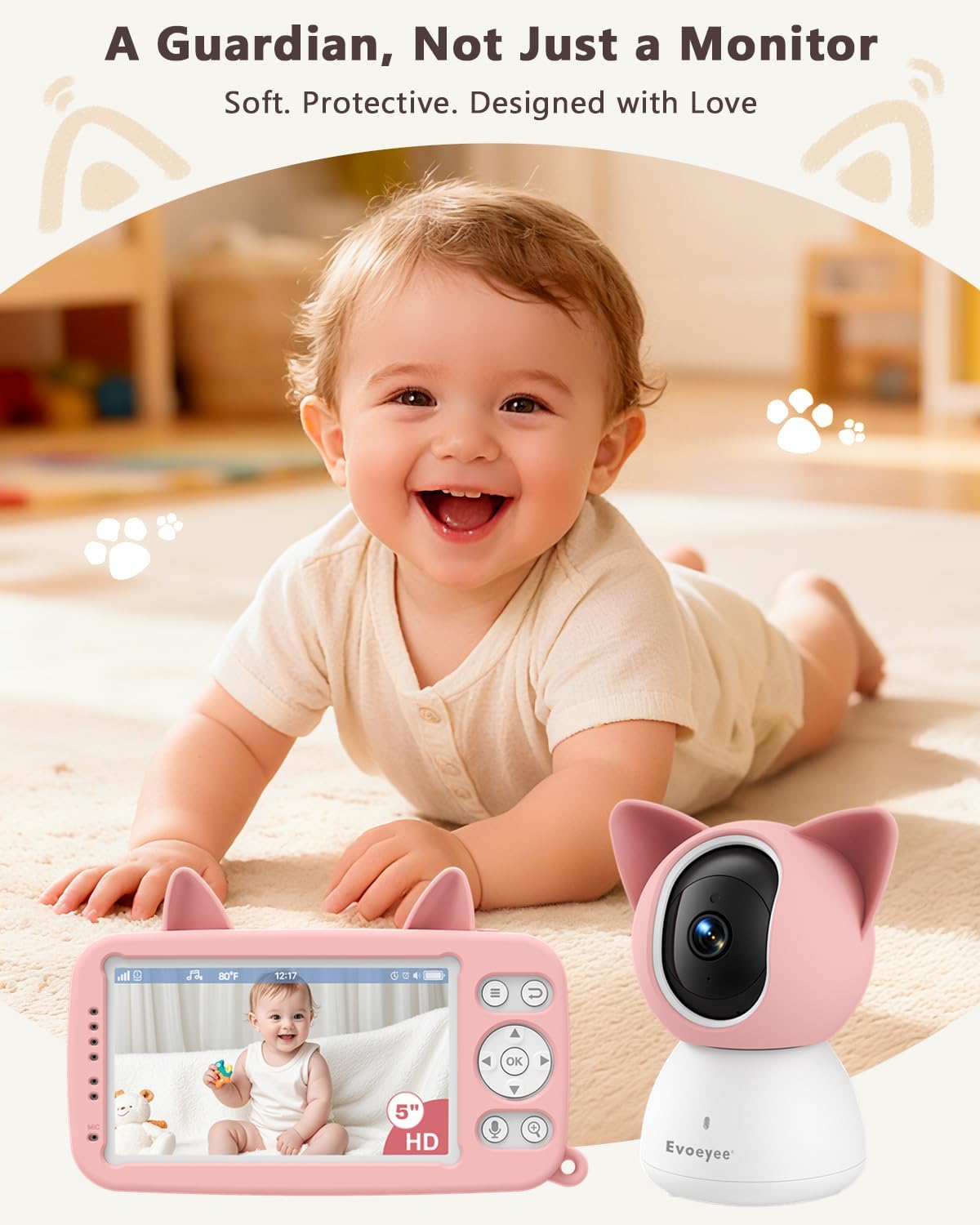 Dual-Mode Baby Monitor with Camera & Audio, Non-WiFi & WiFi with APP, Cute Cat-Inspired Cover, 5" HD Display, 1080P FHD Camera,Cry & Motion Detection, 2-Way Talk, Night Vision, Video Recording