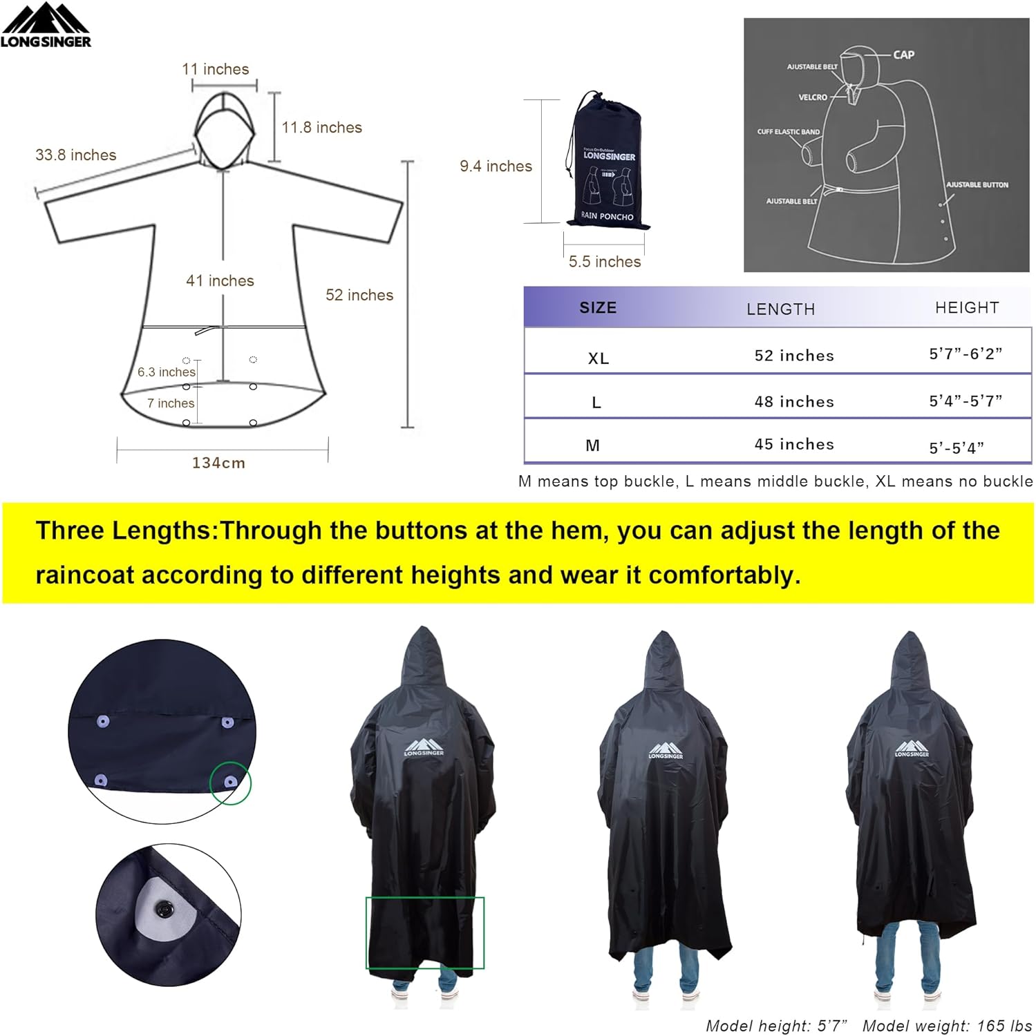 Rain Ponchos for Adults, Waterproof Rain Poncho with Hood and Arms for Hiking, Adjustable Length for All Heights - Image 4